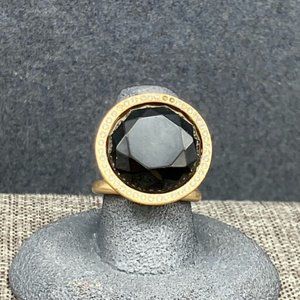 Round Cocktail Ring As Is Size 7 Faceted Black Onyx Rhinestone Edge Gold Double